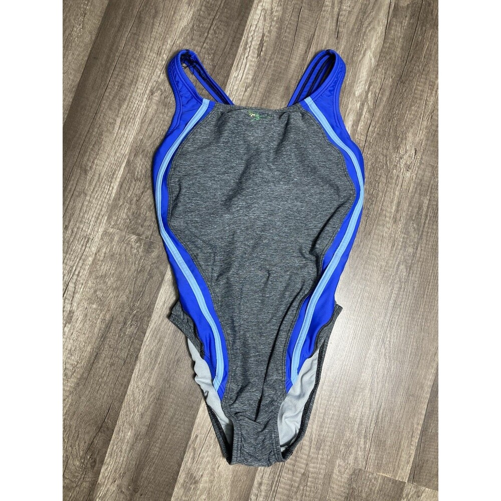SPEEDO One Piece Swimsuit Womens 4 Gray Blue Swim Suit Razor Back Flaw